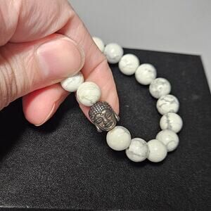 Macy's Silver-Tone Brass Buddha Charm White Jasper Beads Stretch Bracelet